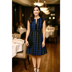 Milly Silk Geometric Fit & Flare Dress Size 8 Blue Black Preppy Party Cocktail